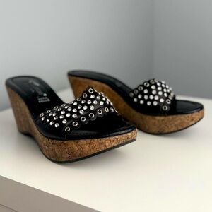 Leather Platform Cork Wedge Sandals